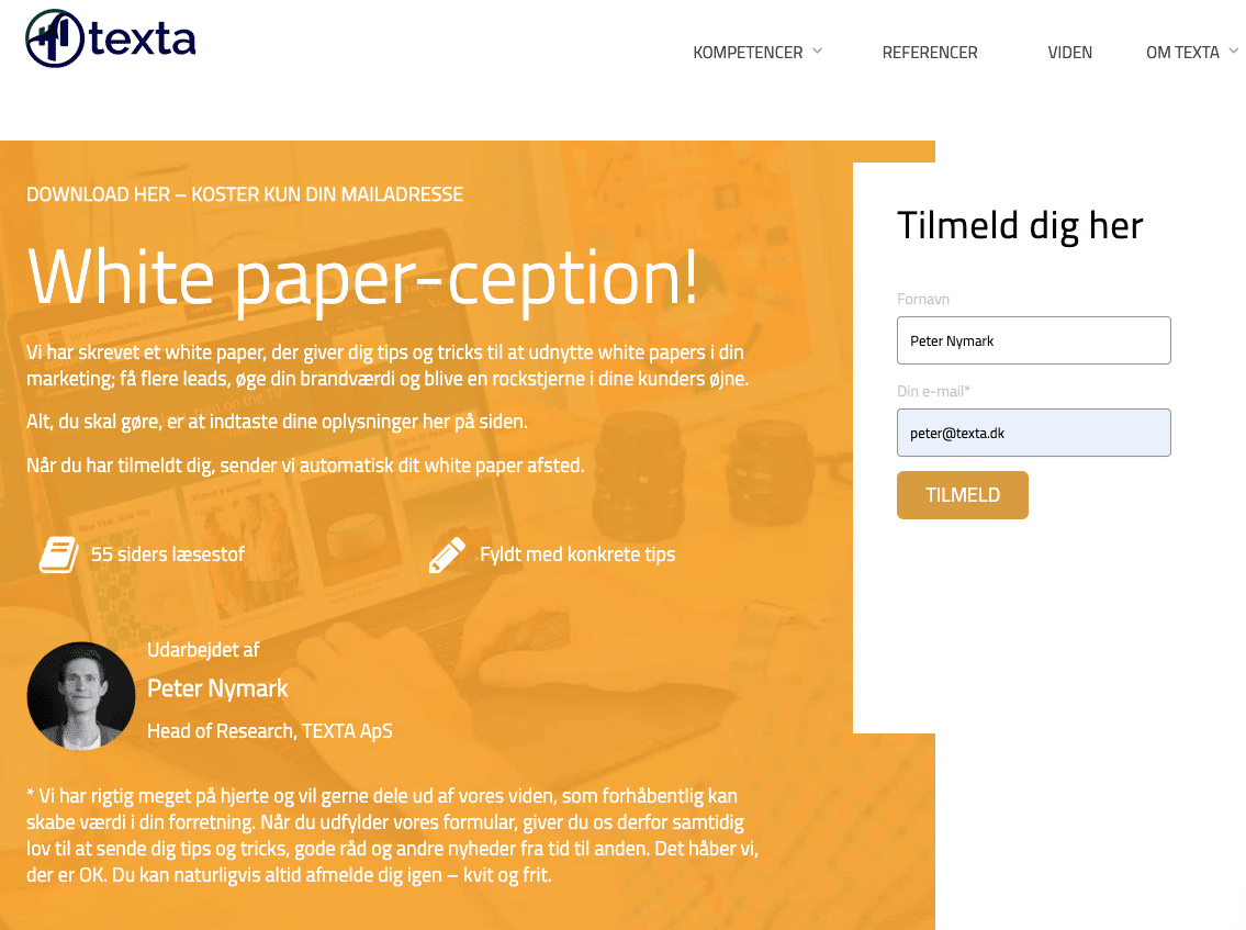 Eksempel på landingsside til white paper